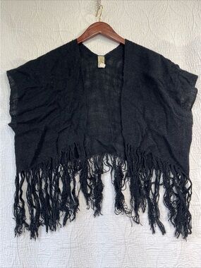 Vintage Black Mesh Shawl Fringe Open Front Handwoven in California by Cox Beachy